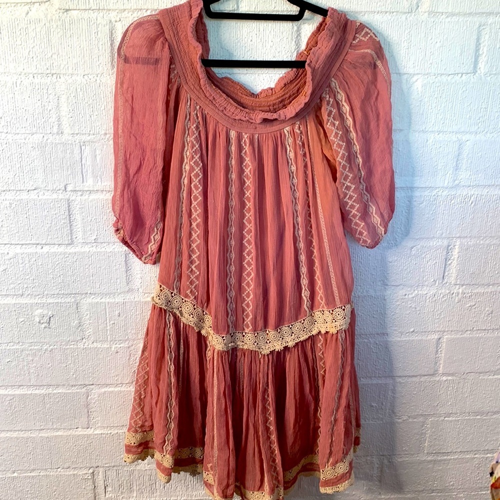ANTHROPOLOGIE FLOREAT Orchard Off the Shoulder Drop Waist Dress Rose Blush sz M - Picture 5 of 10